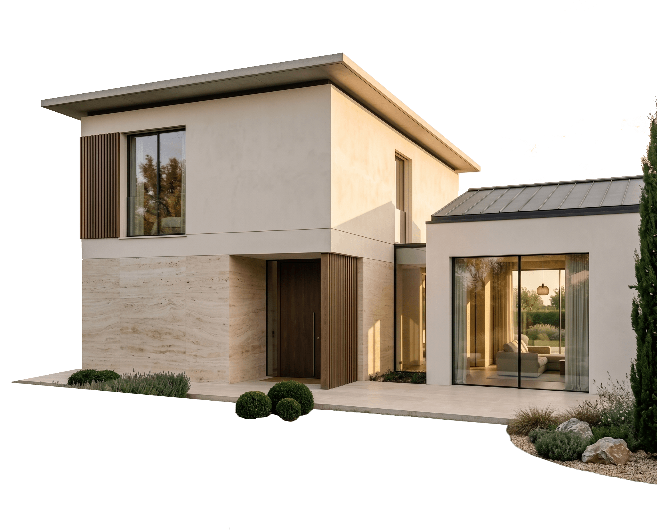 Render fotorealistico di villa contemporanea a due piani in pietra travertino, intonaco e legno