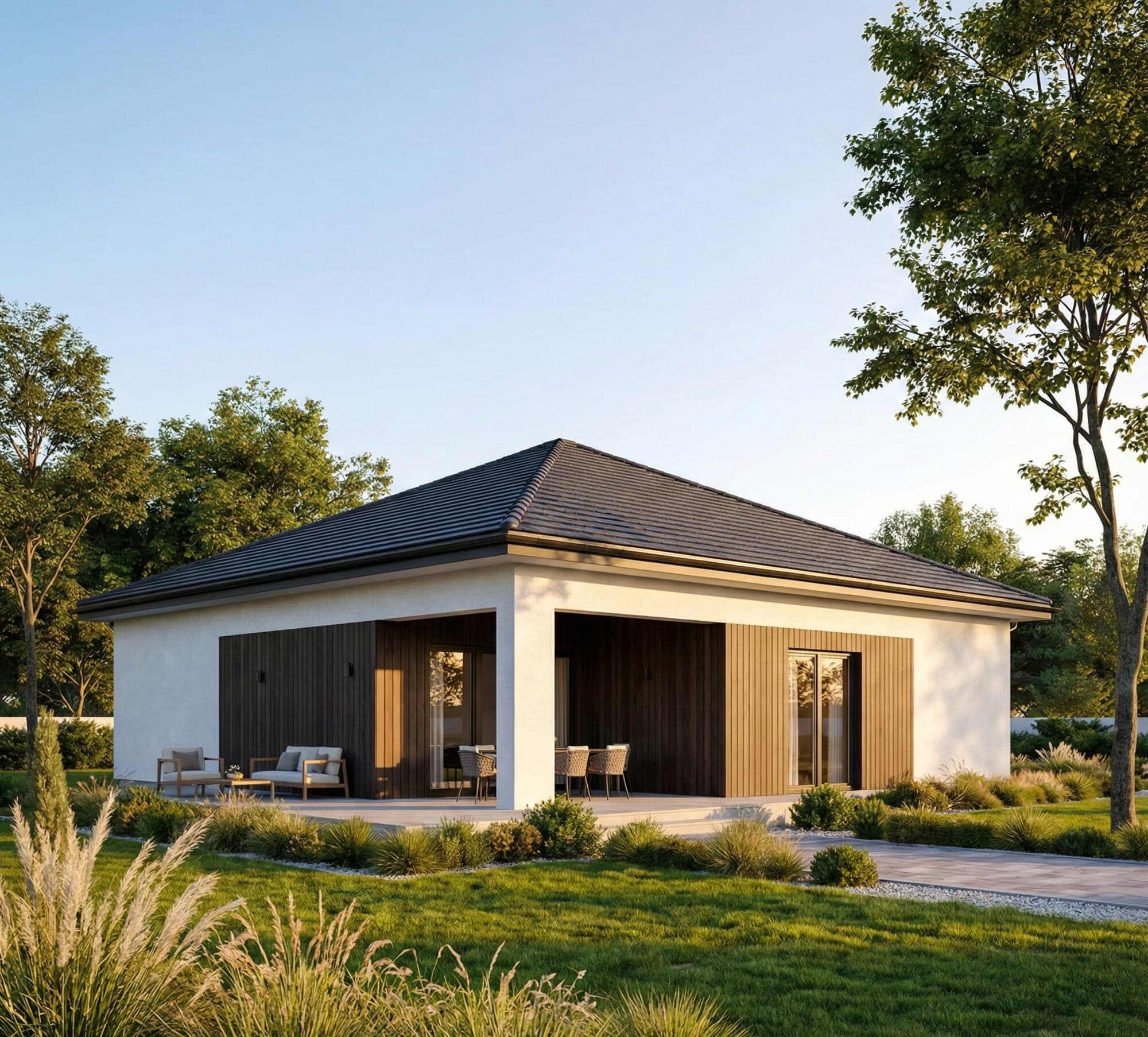 Render esterno di Villa Aura, villa monopiano in legno con portico