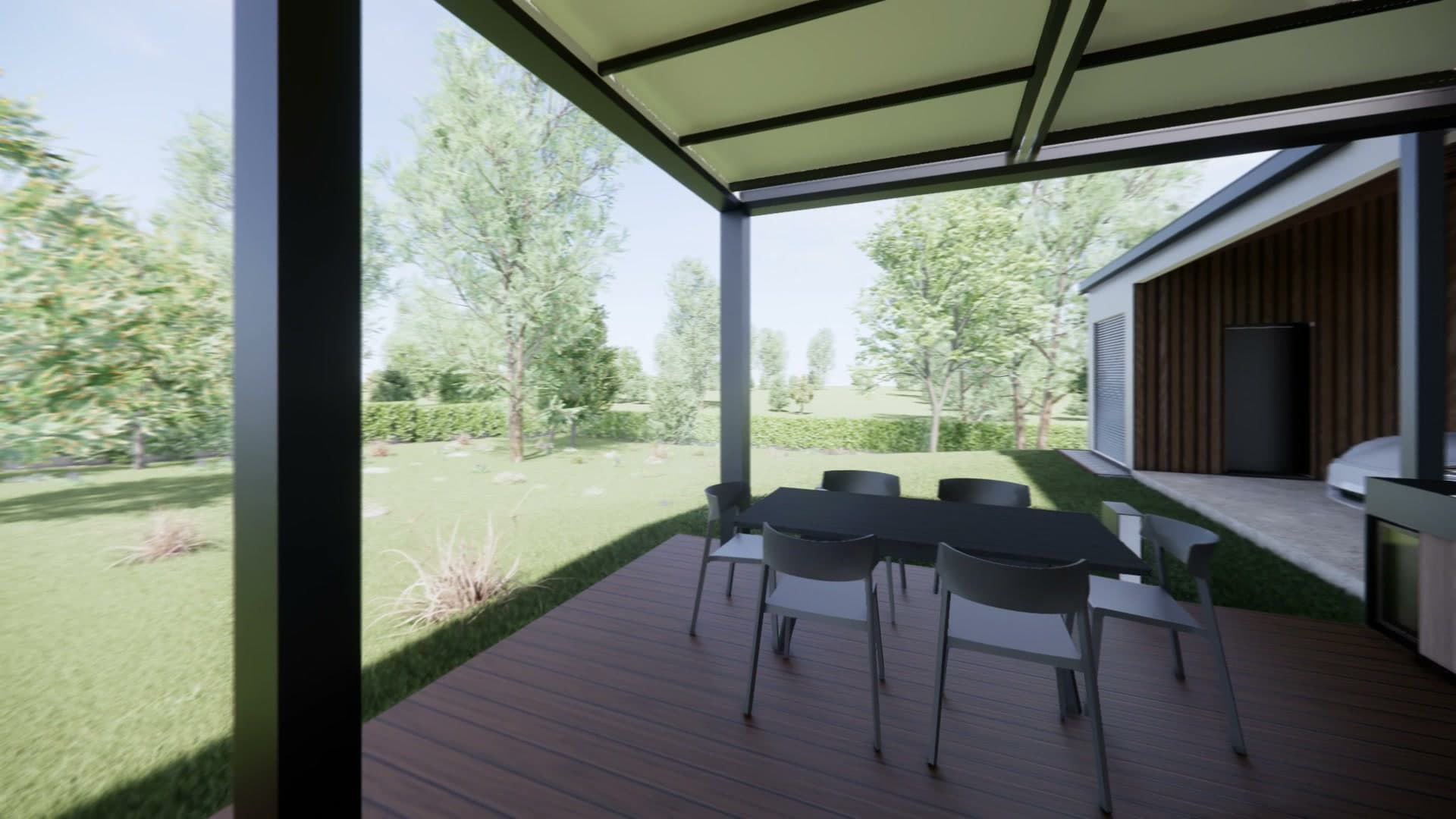 Il portico di Villa Horizon con il tavolo da pranzo esterno sul prato