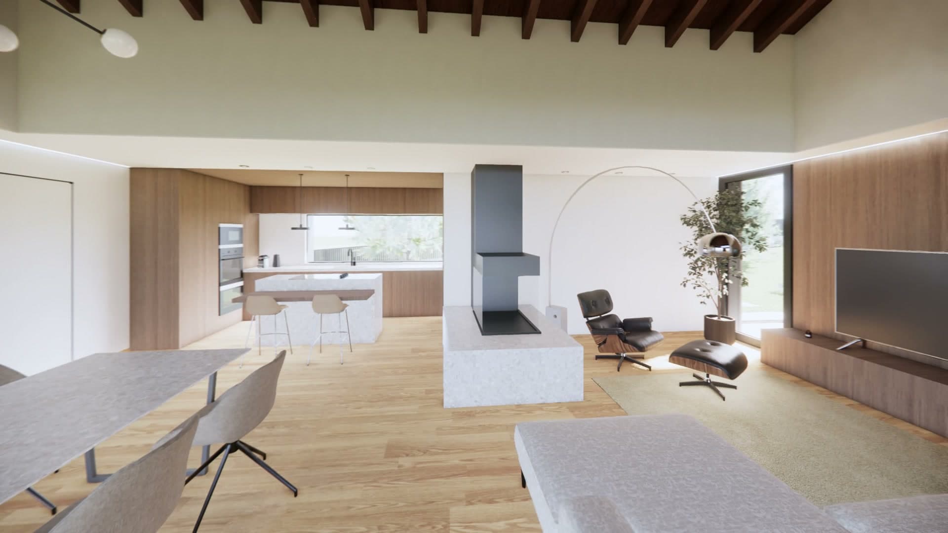 La cucina di Villa Horizon con isola, vista dalla zona pranzo