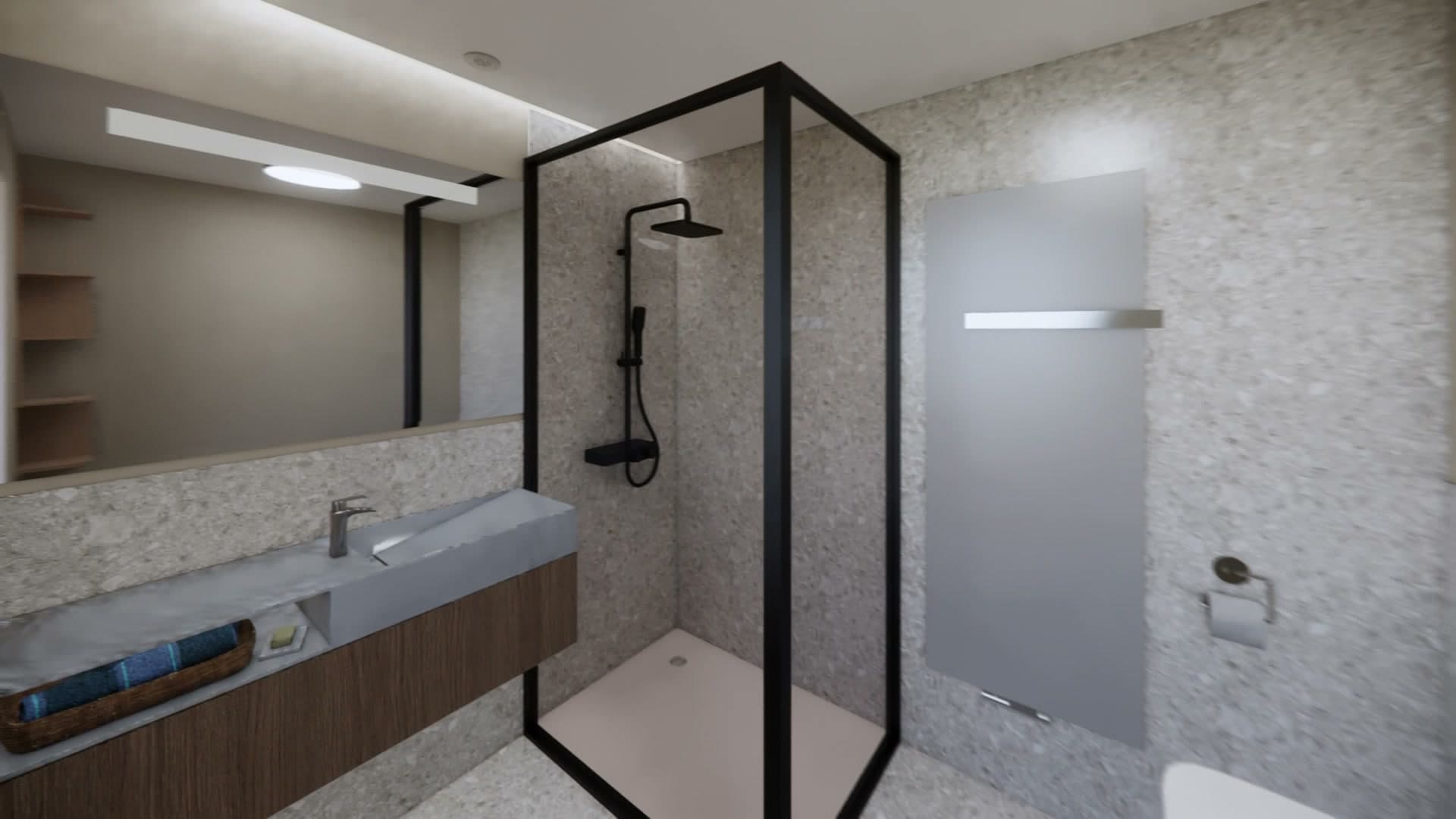 Il bagno di Villa Horizon con doccia in vetro e lavabo doppio