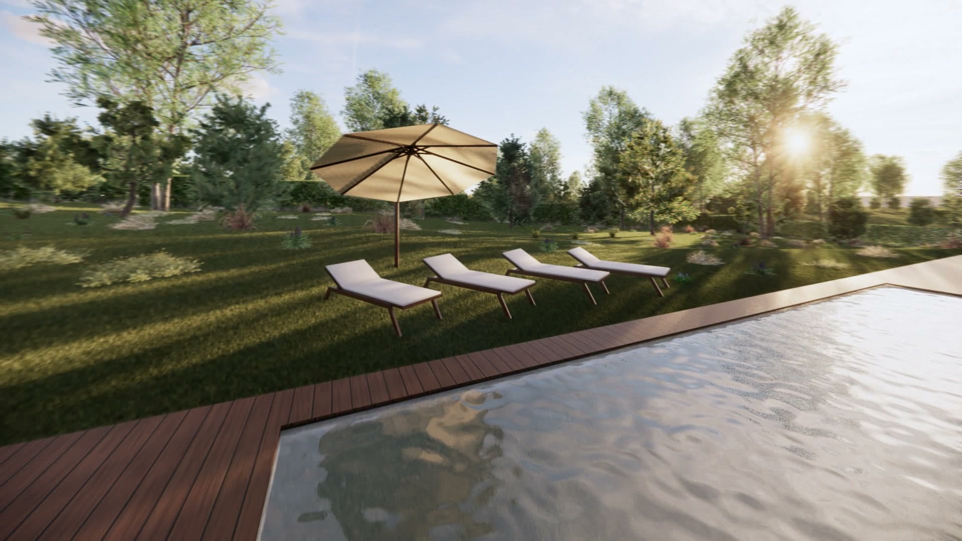 La piscina di Villa Horizon con i lettini e il giardino