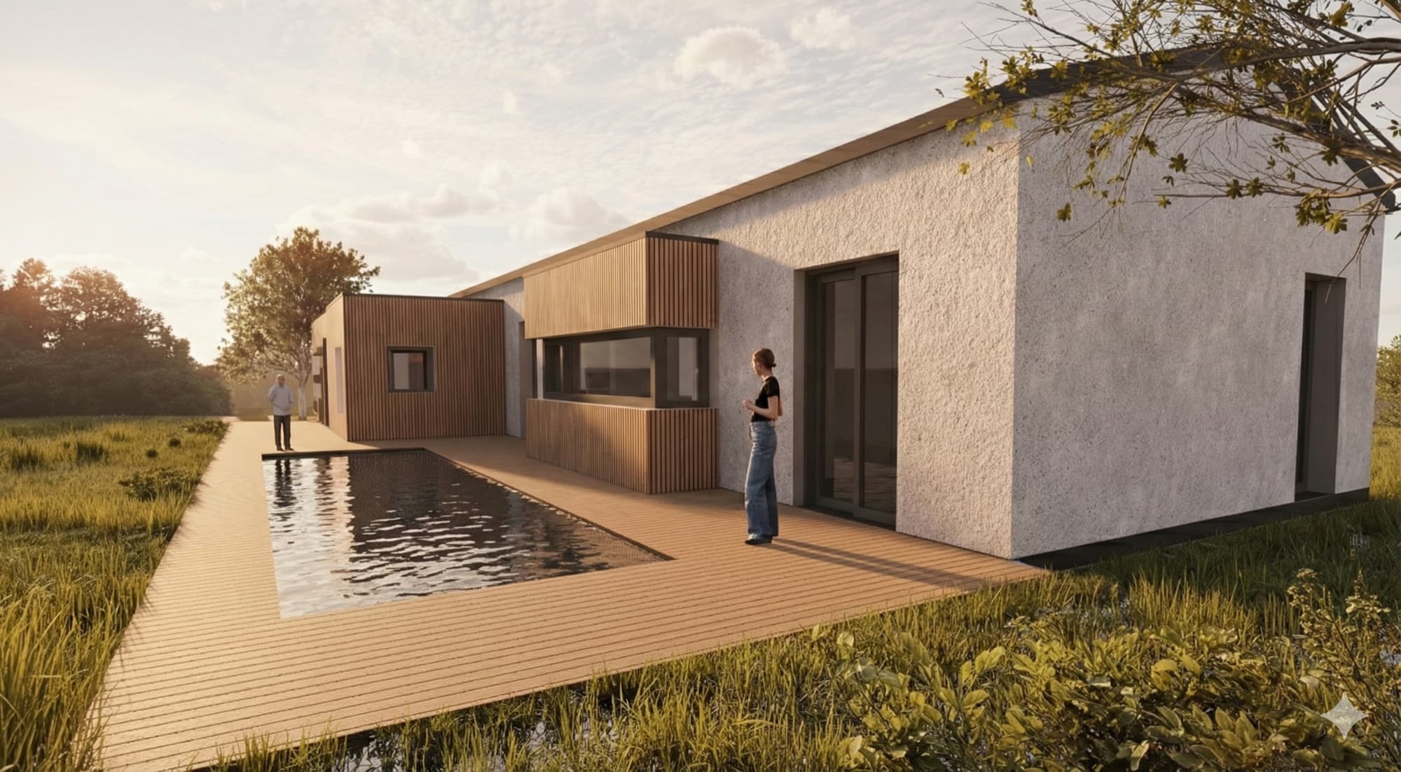 Render esterno di Villa Horizon, villa monopiano con piscina e terrazza in legno